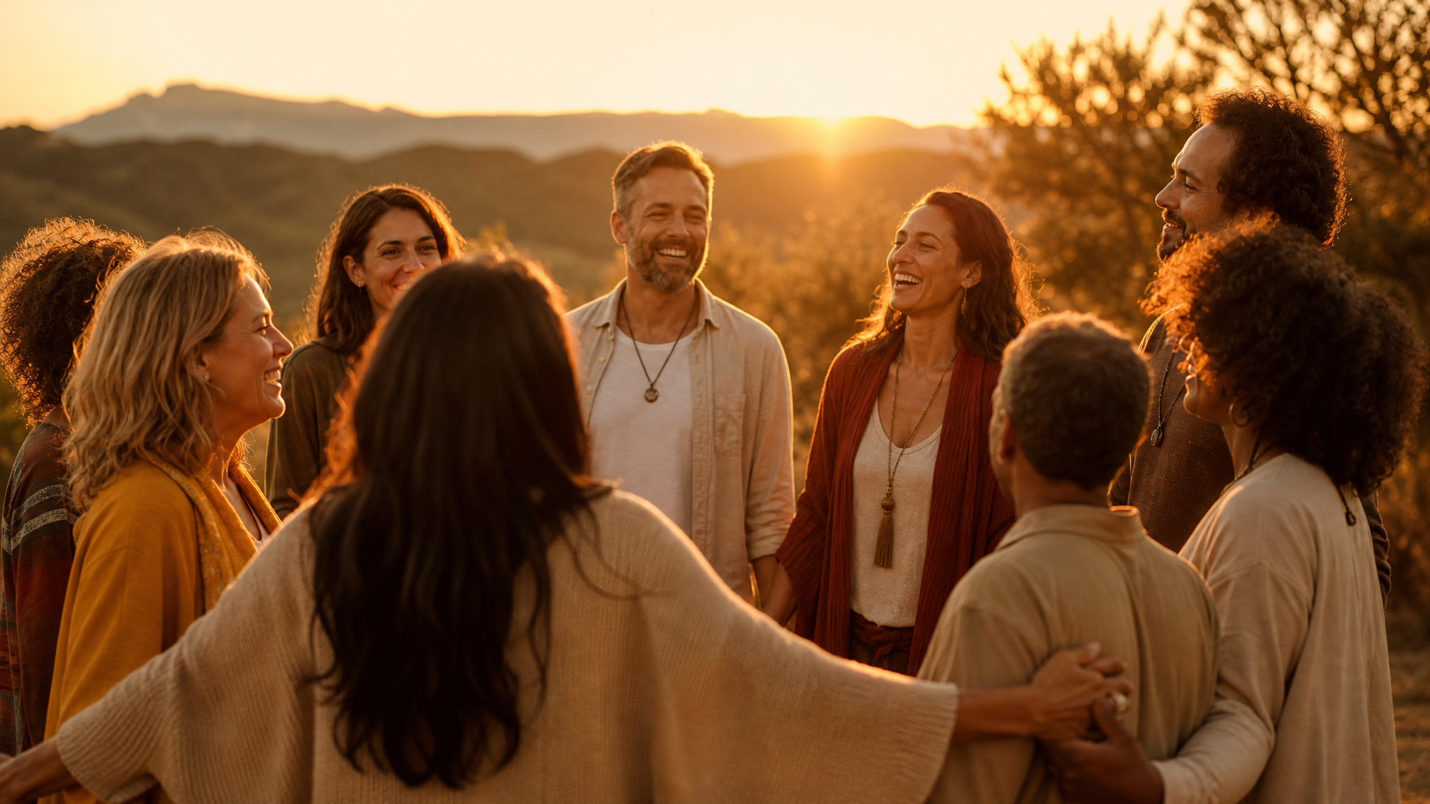 Comunidad Uniting Souls reunida en círculo al atardecer
