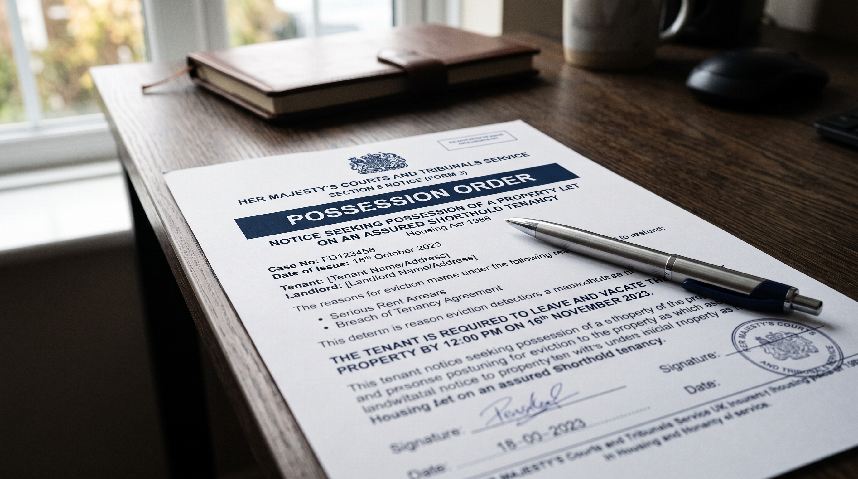 Official UK legal eviction notice document on a desk with a pen