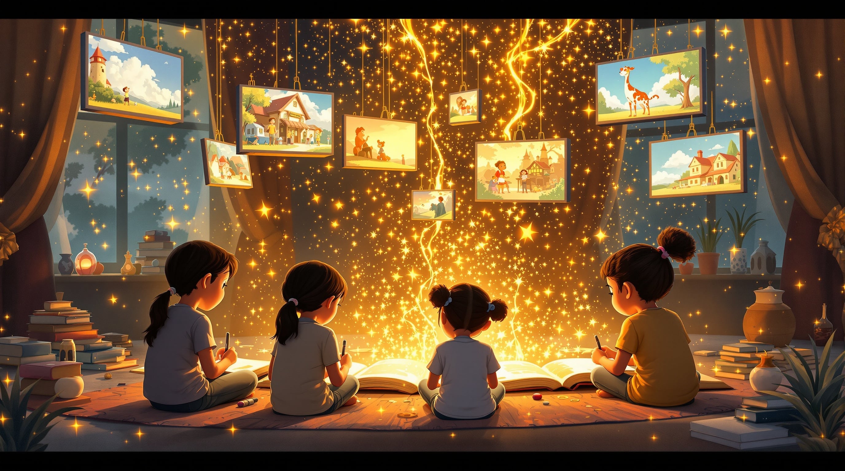 Children creating magical stories that transform into animated films