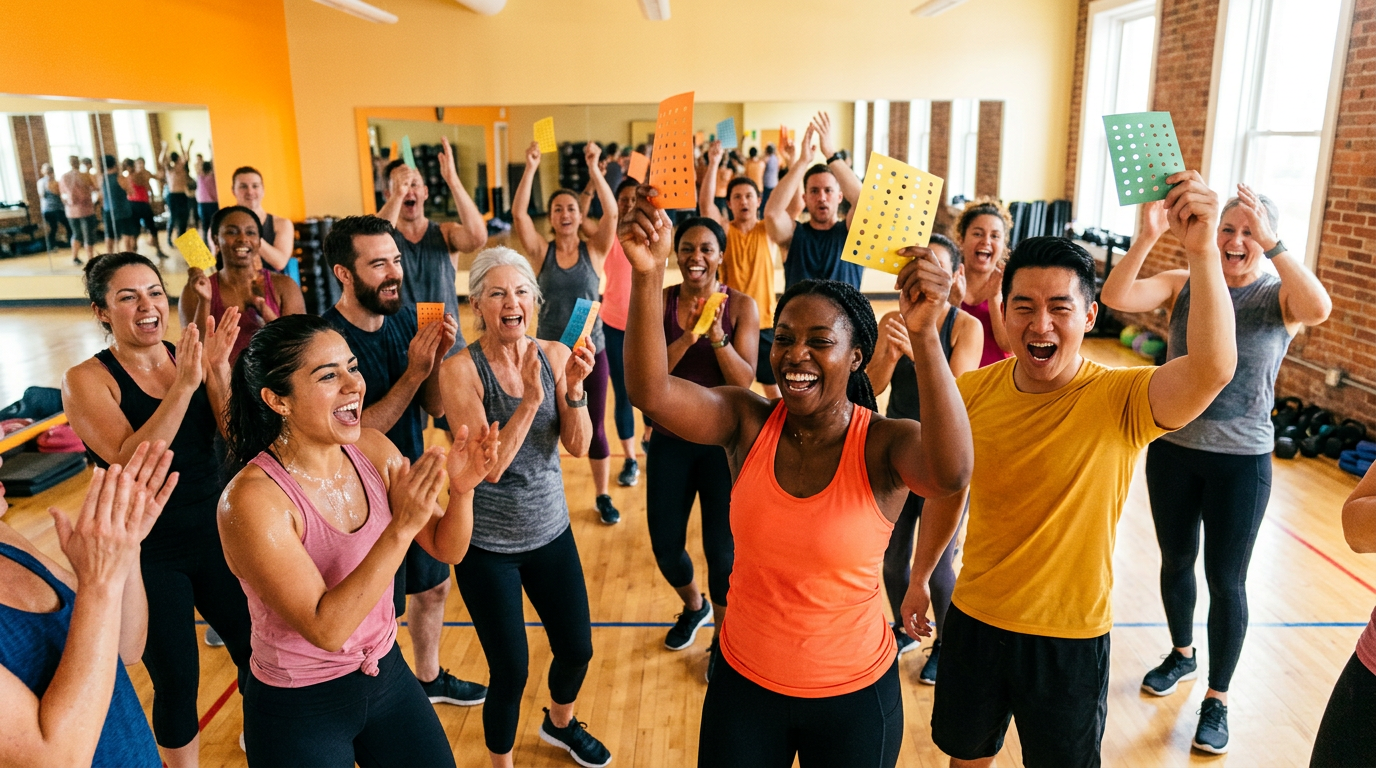 Group fitness class celebrating with class punch cards