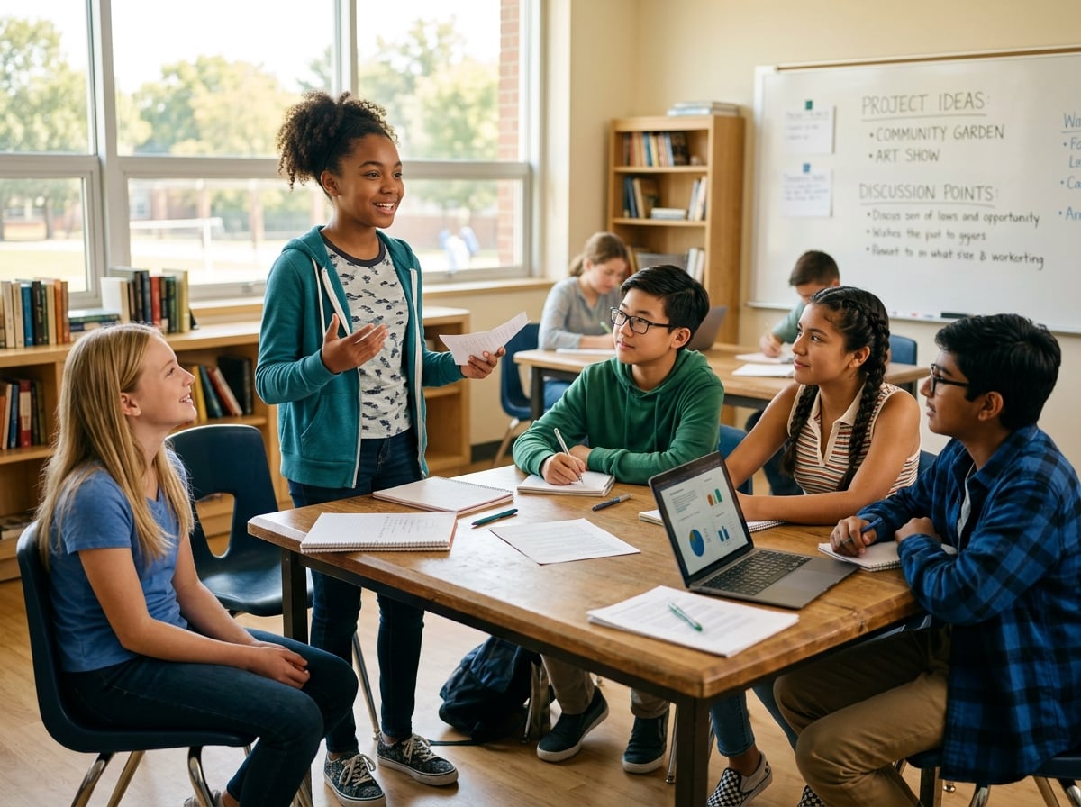 Middle-school girl leading a group with confidence