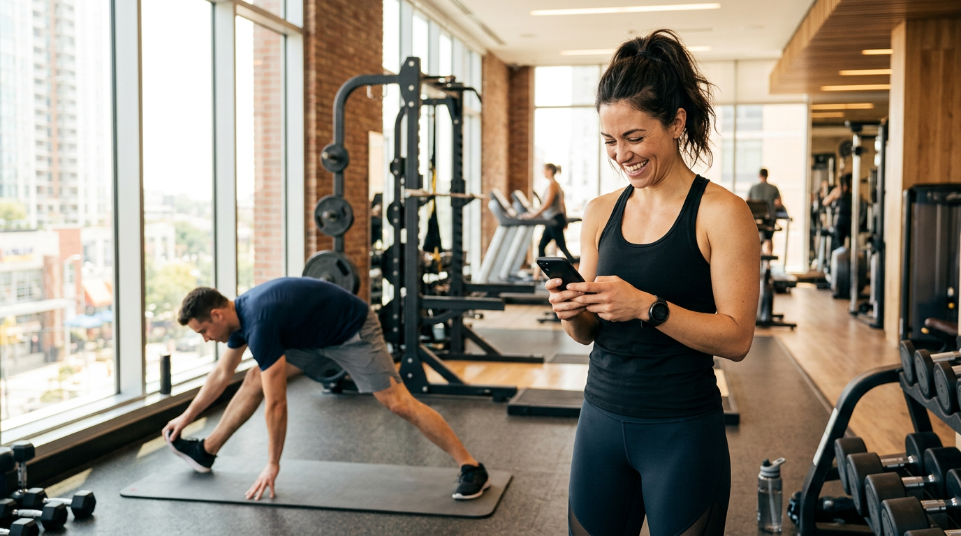 Gym coach texting a member on her phone in a bright gym
