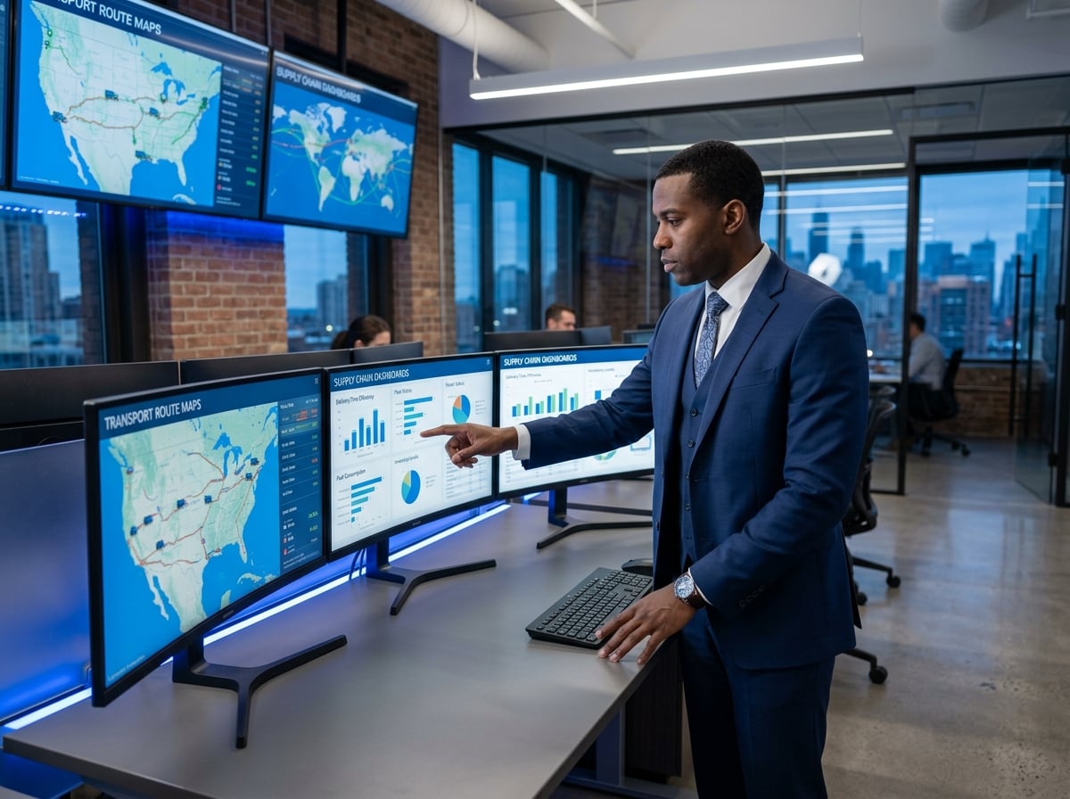 Transportation logistics consultant analyzing supply chain data