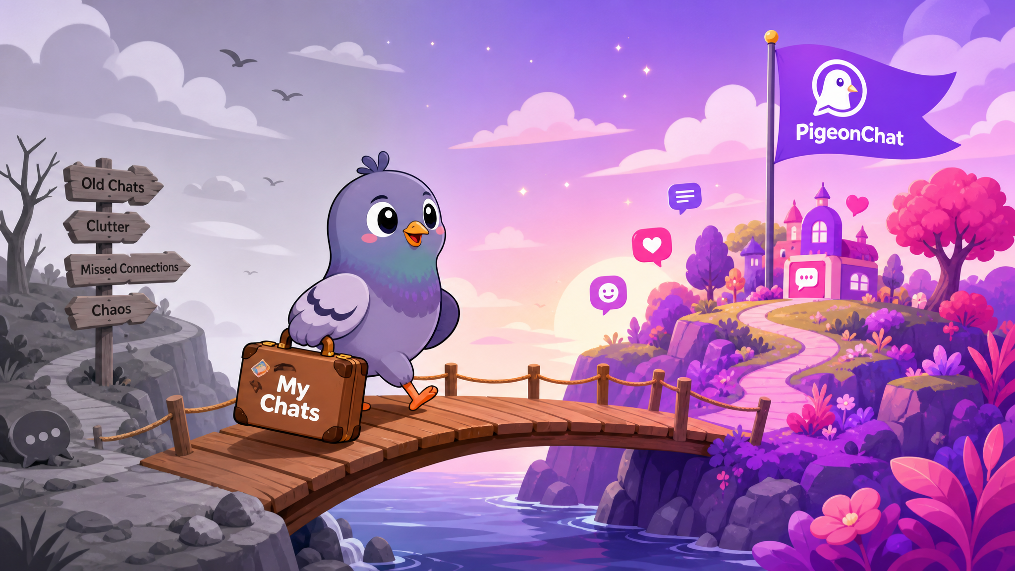 Chibi pigeon mascot carrying a suitcase labeled My Chats, walking across a bridge from a grey island to a vibrant purple and pink PigeonChat island