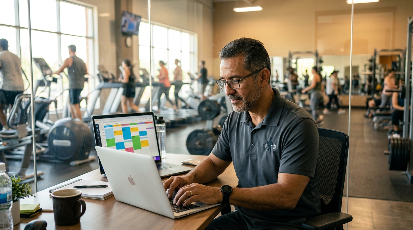 Gym manager planning the staff schedule on a laptop