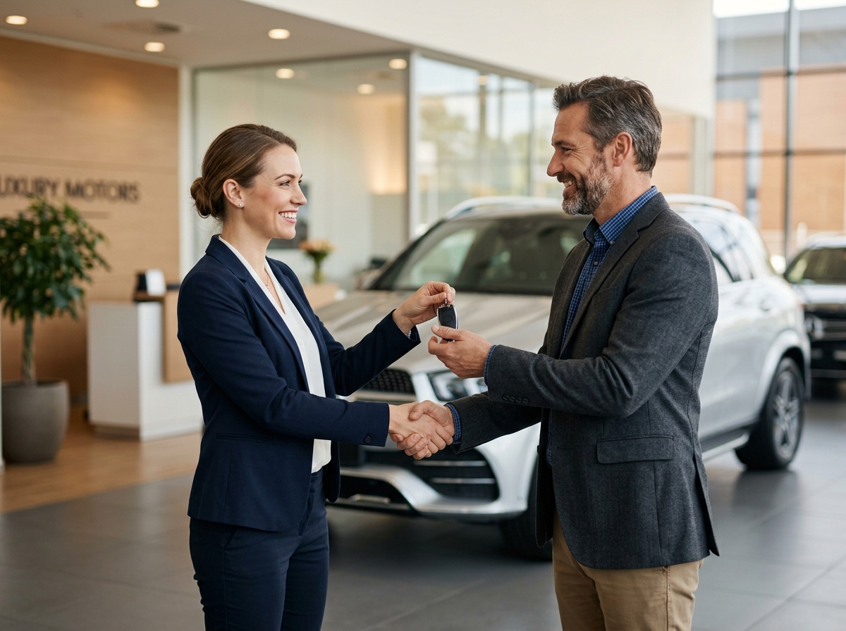 A customer receiving car keys at a modern dealership