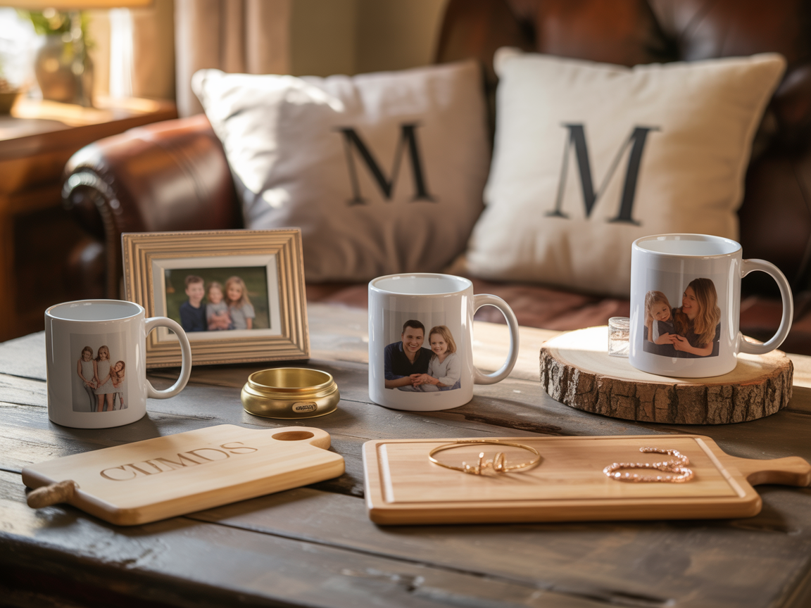 Personalized gifts arranged with warm lighting