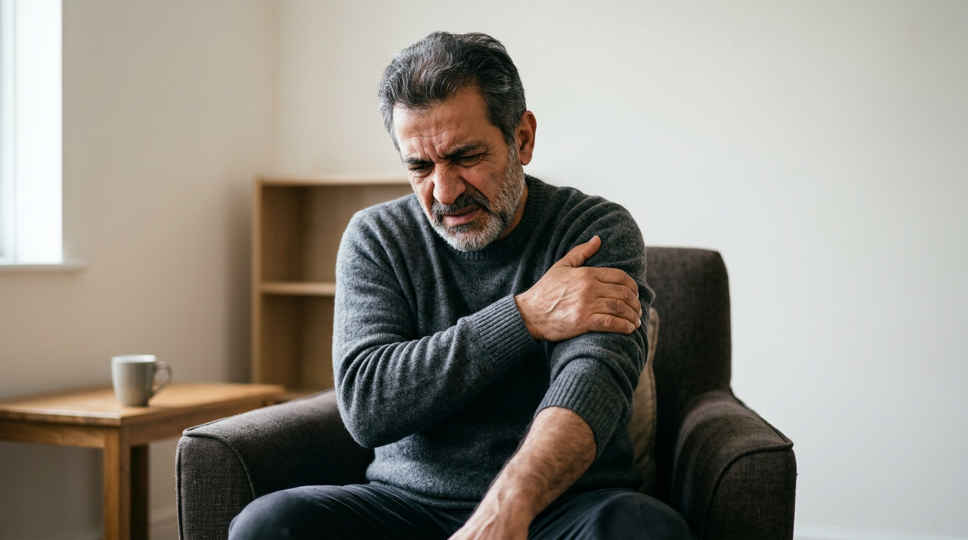 Middle Eastern male veteran in his fifties seated in a chair wincing and rubbing his aching forearm and shoulder
