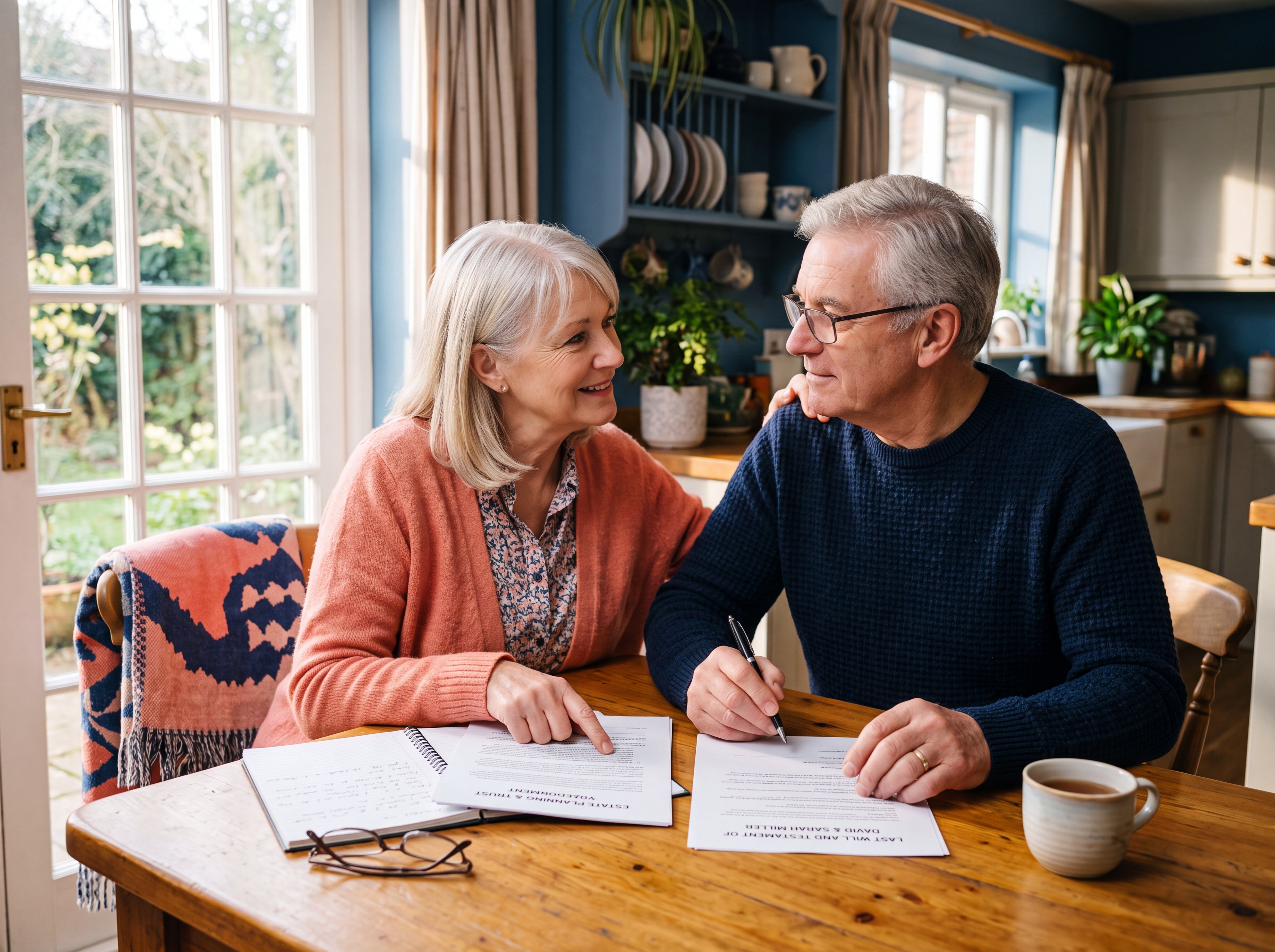 A senior couple calmly reviewing their will and estate documents together at their kitchen table