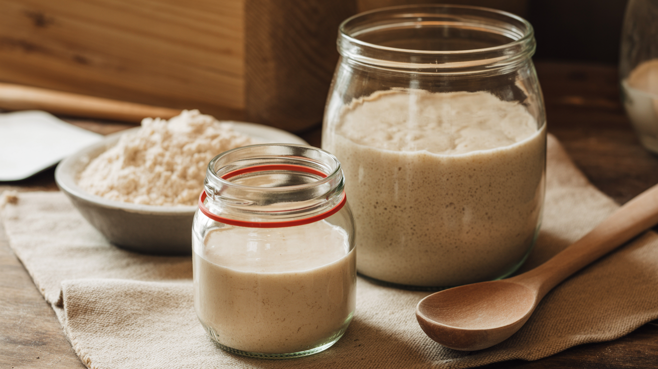 Young levain jar with rubber band rise marker next to mature sourdough starter