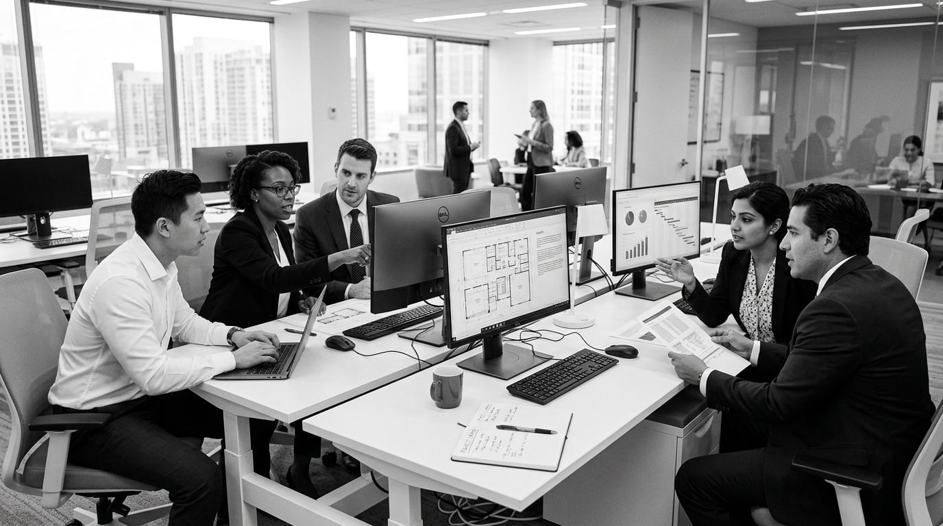 Equipo de profesionales de Solfix colaborando en oficina