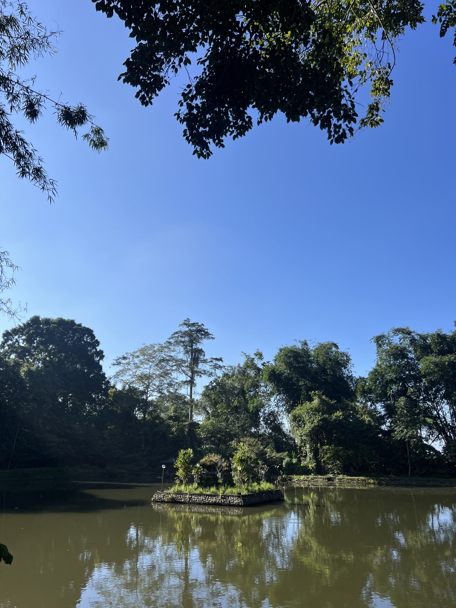 Scenic temple lake surrounded by tropical trees at Batu Karu — a peaceful start to the Green Escape e-bike tour