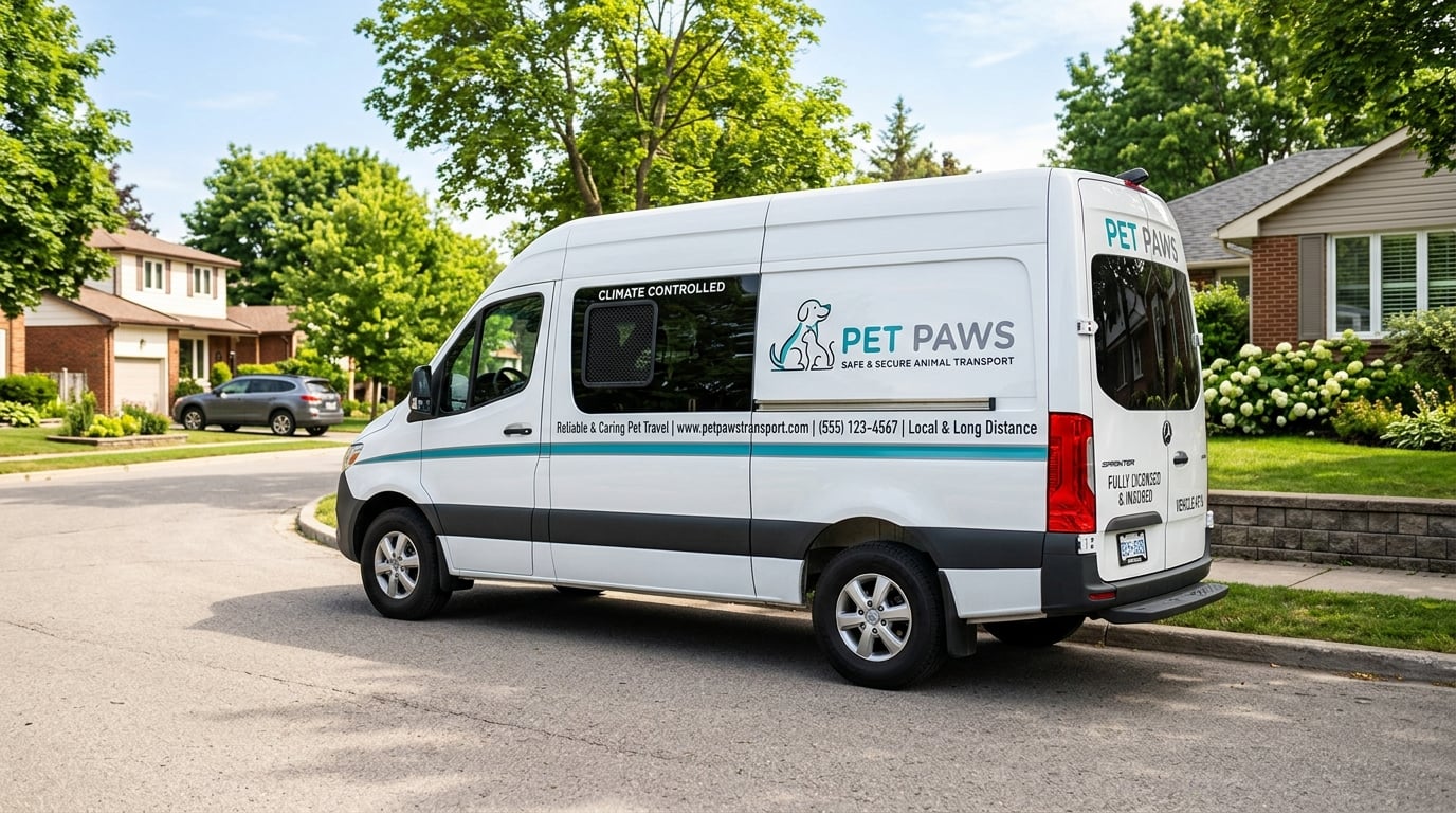 A clean, modern white pet transport van with a teal accent stripe parked on a suburban street