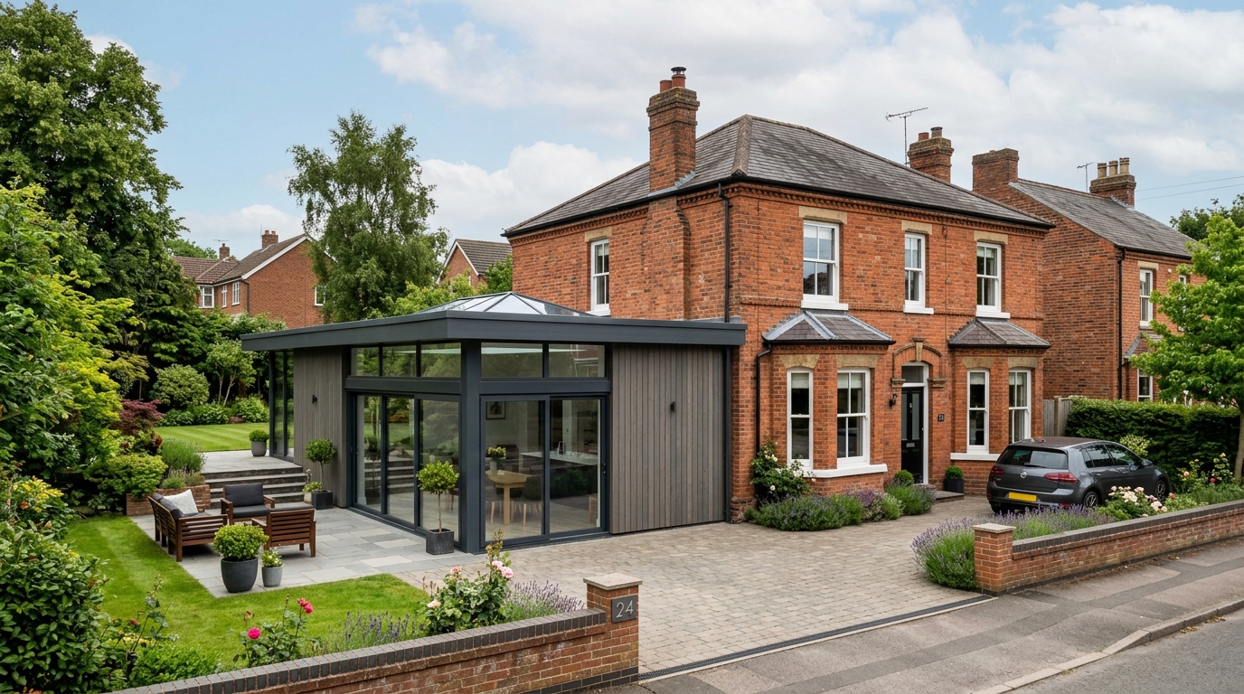 Completed modern home extension on a traditional British house