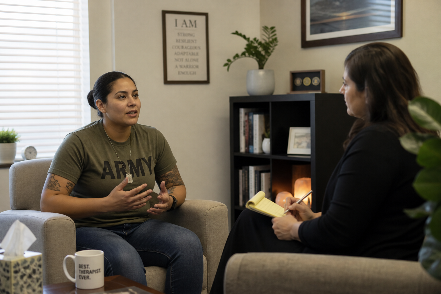 Veteran in a mental-health therapy session discussing how symptoms impair daily life