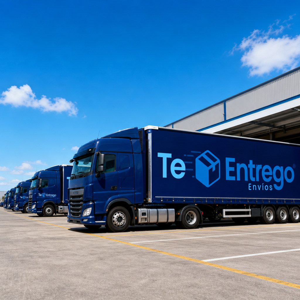 Flota de tractomulas azules con el logo Te Entrego en los trailers