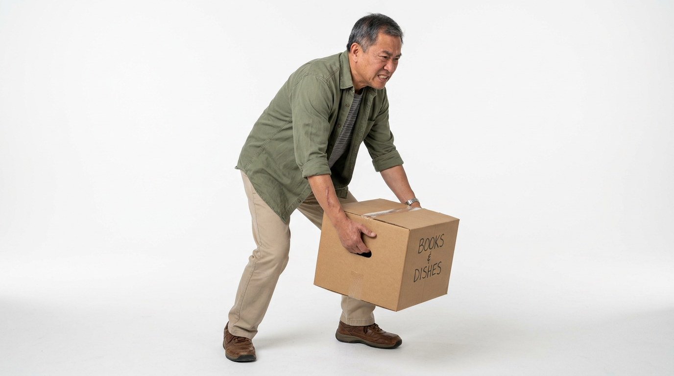 Older veteran struggling to lift and carry a box because of restricted mid-back motion