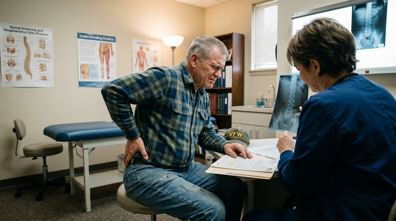 An older white man military veteran in his late fifties at a clinical consultation, one hand pressed to his lower back as pain radiates into his buttock and leg, reviewing his medical records