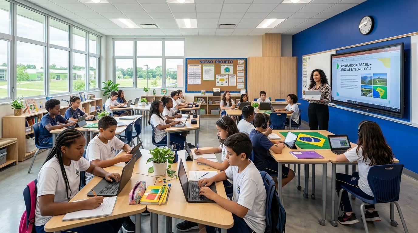 Sala de aula moderna com tecnologia educacional