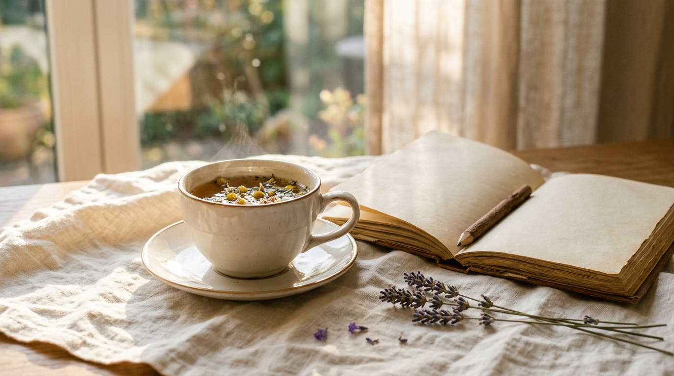 A calm still life with herbal tea, an open journal and dried lavender in warm morning light