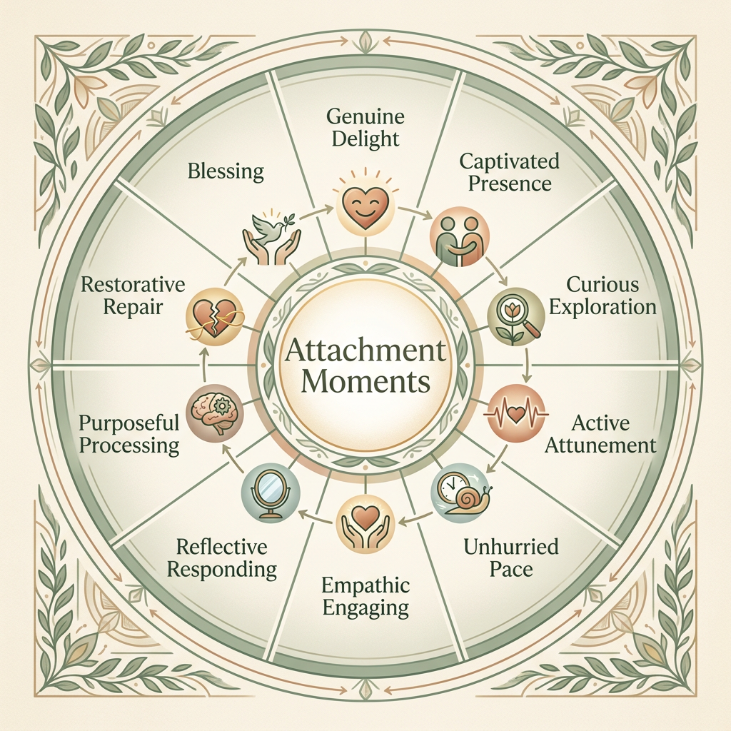 The 10 Attachment Moments qualities arranged in a circular wheel diagram