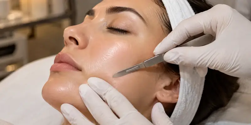 Esteticista realizando dermaplaning no rosto de cliente em Sorocaba
