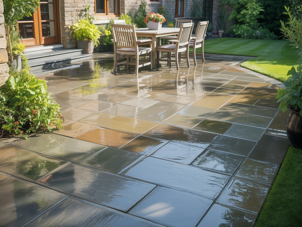 Beautifully clean stone patio after professional jet washing in Athlone