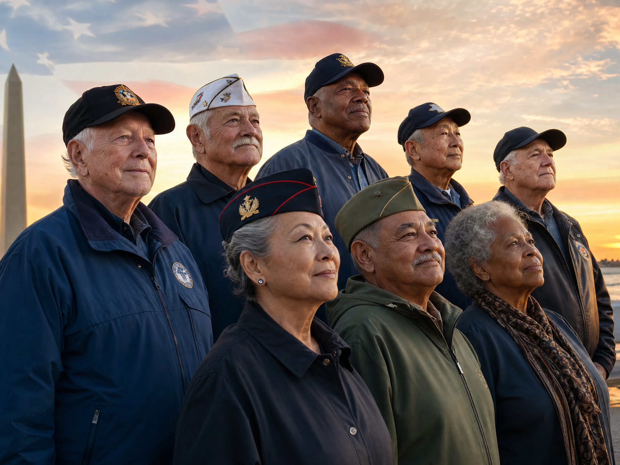 A diverse group of senior American veterans - Black, White, Asian, and Latino men and women - standing together proudly outdoors at golden hour