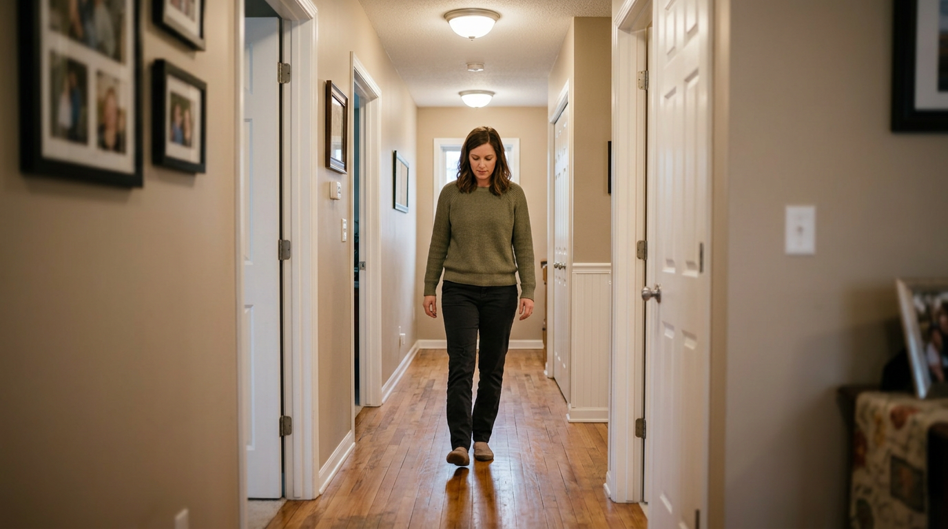 Photograph of a person walking with a noticeable limp in a residential hallway, one leg not fully straightening during the gait cycle