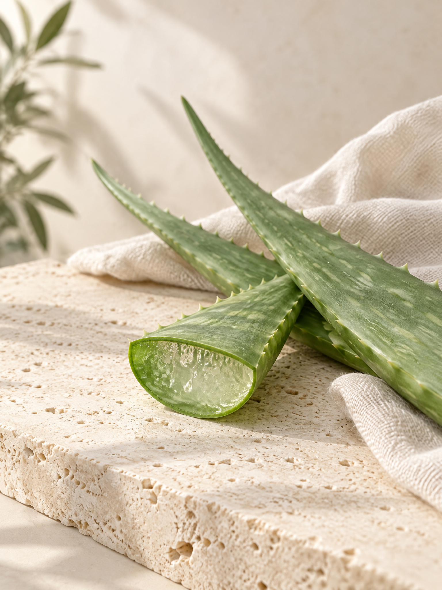 Hojas de aloe vera frescas con su gel sobre una superficie de piedra clara