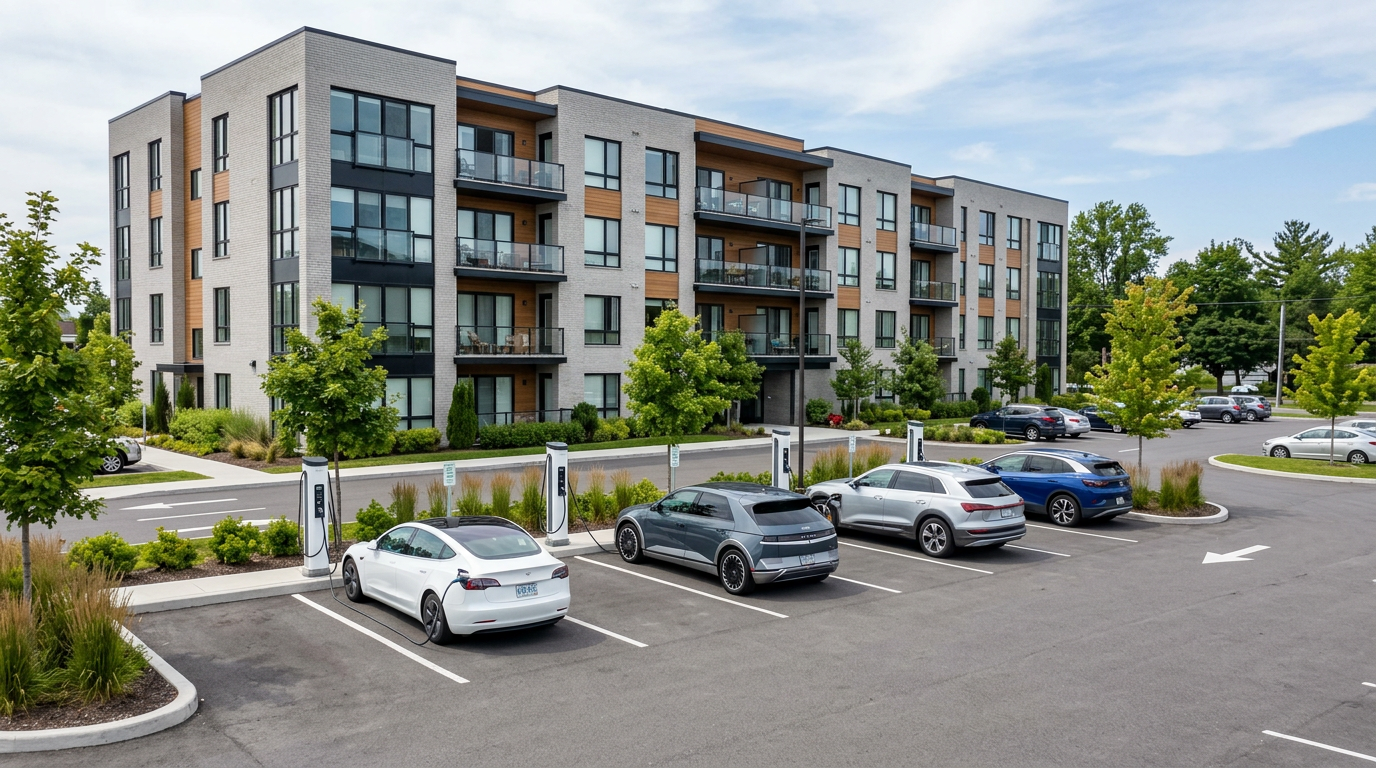 Apartment complex parking area with EV charging stations