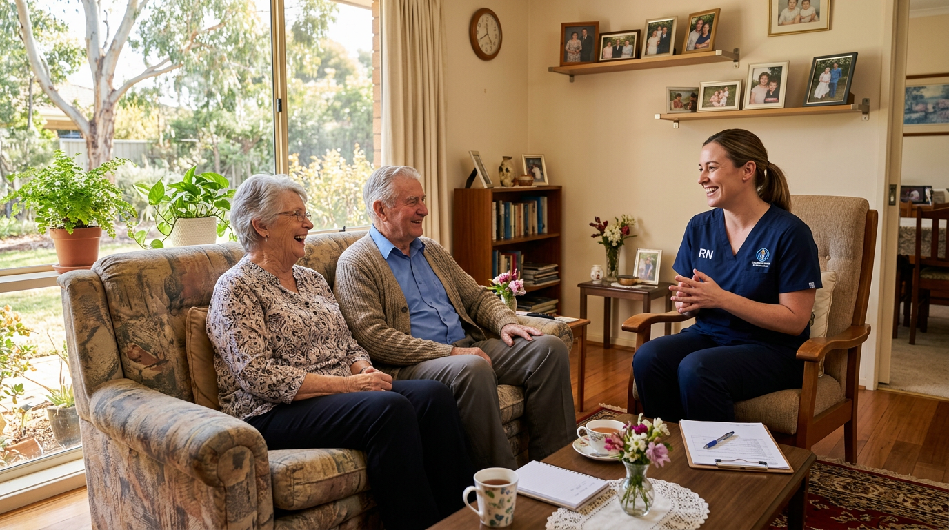 Nurse having a friendly conversation with an elderly couple at home