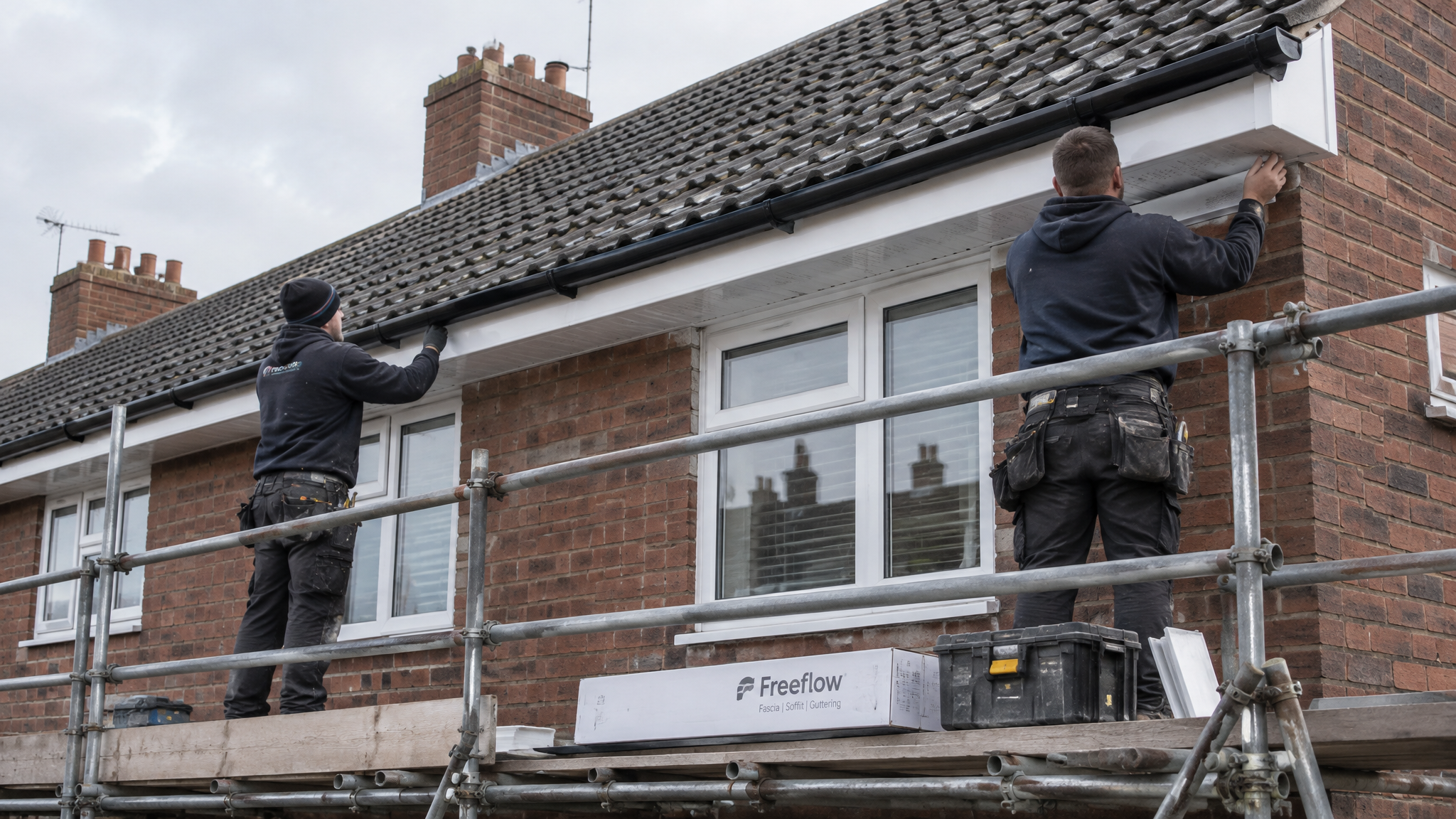 New white uPVC fascias and soffits fitted on a UK terraced house