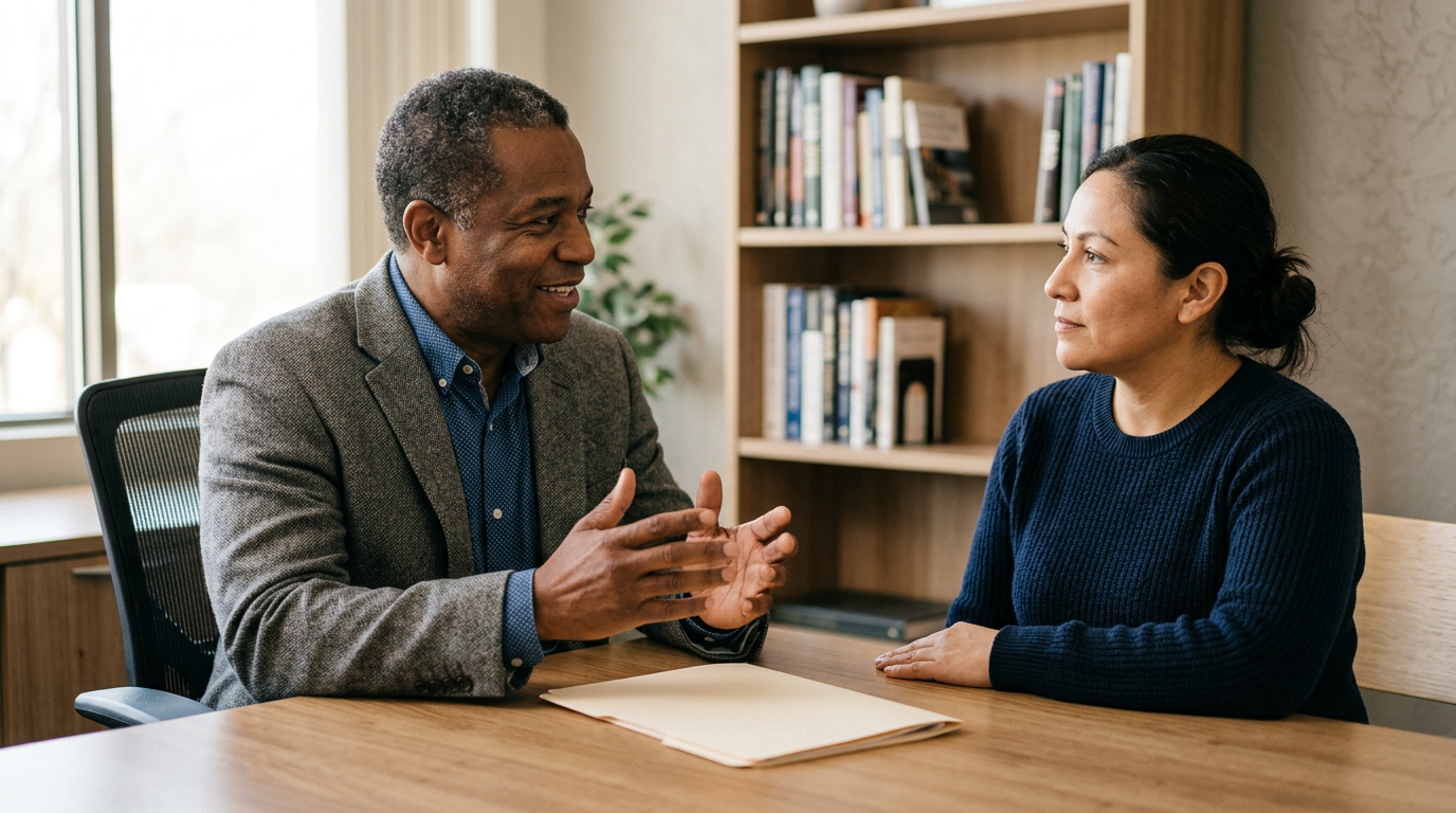 An accredited VA disability advocate reviewing a traumatic brain injury claim with a veteran in a bright modern office