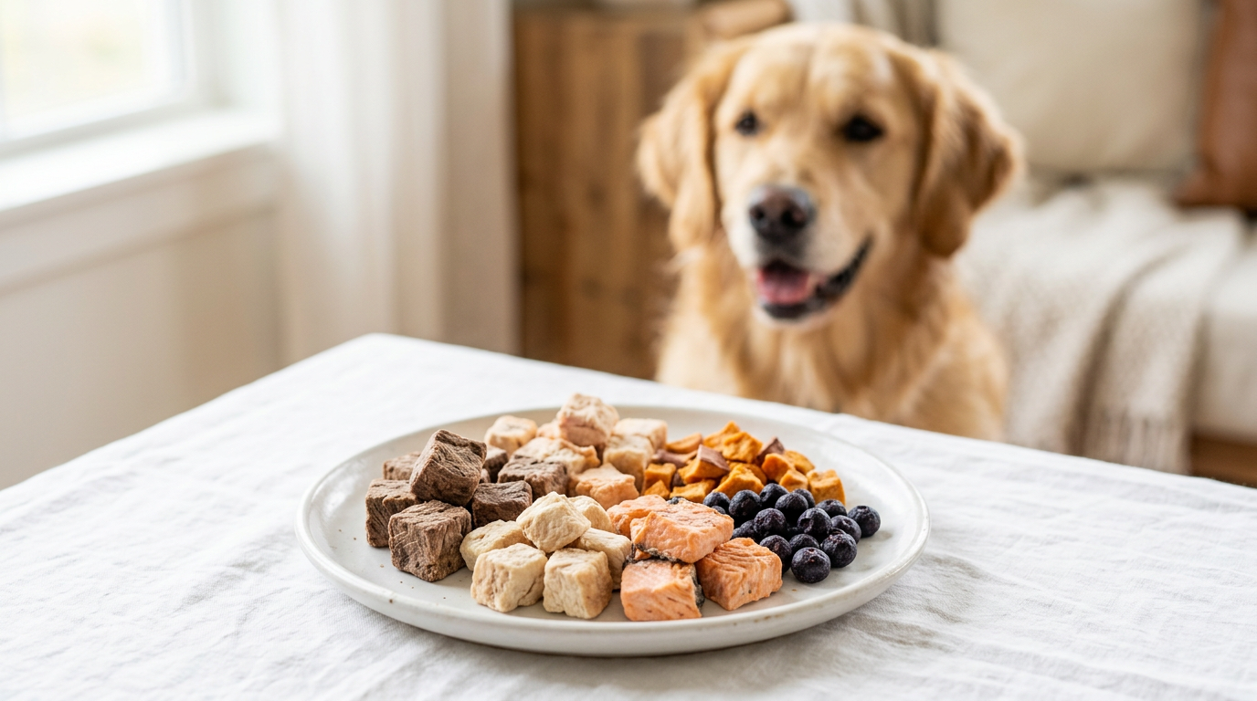 Premium freeze-dried pet treats with a happy dog in the background