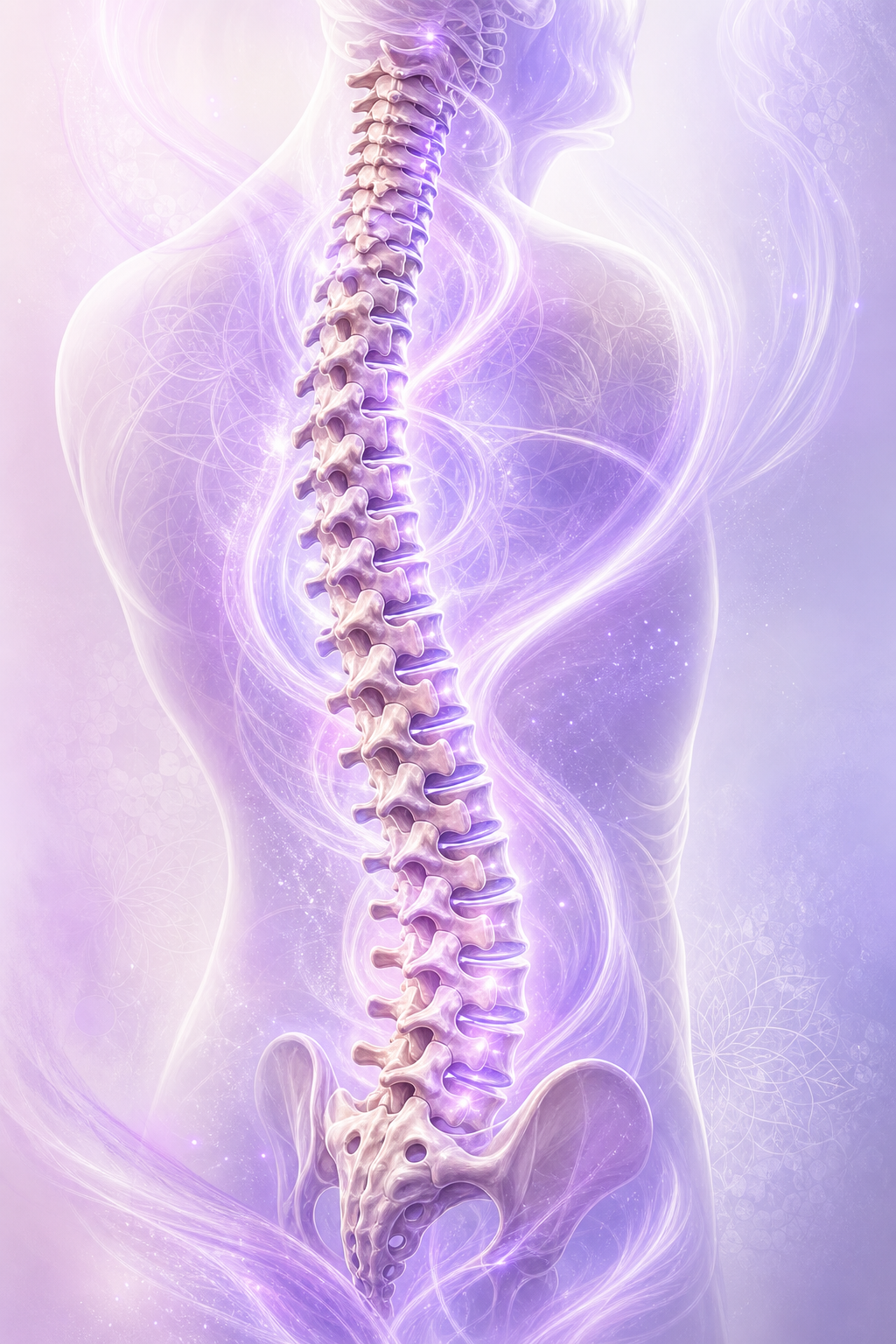 Artistic illustration of a spine with flowing lavender healing energy