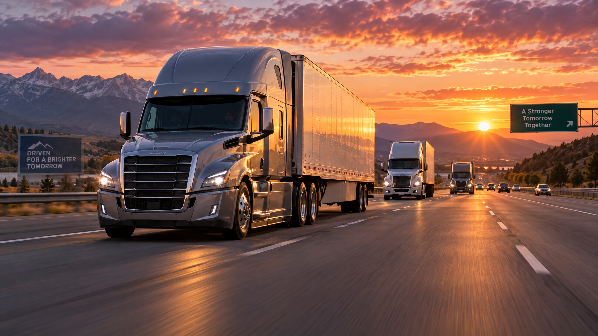 Freight trucks driving on highway at golden hour sunset