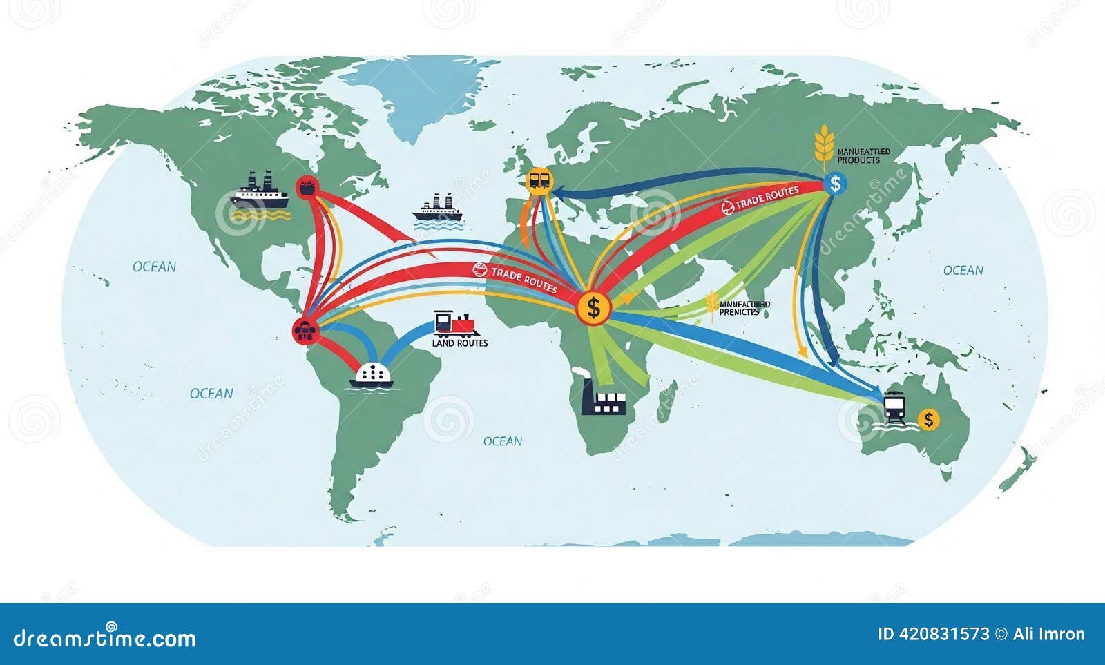 Global trade routes connecting continents on a world map