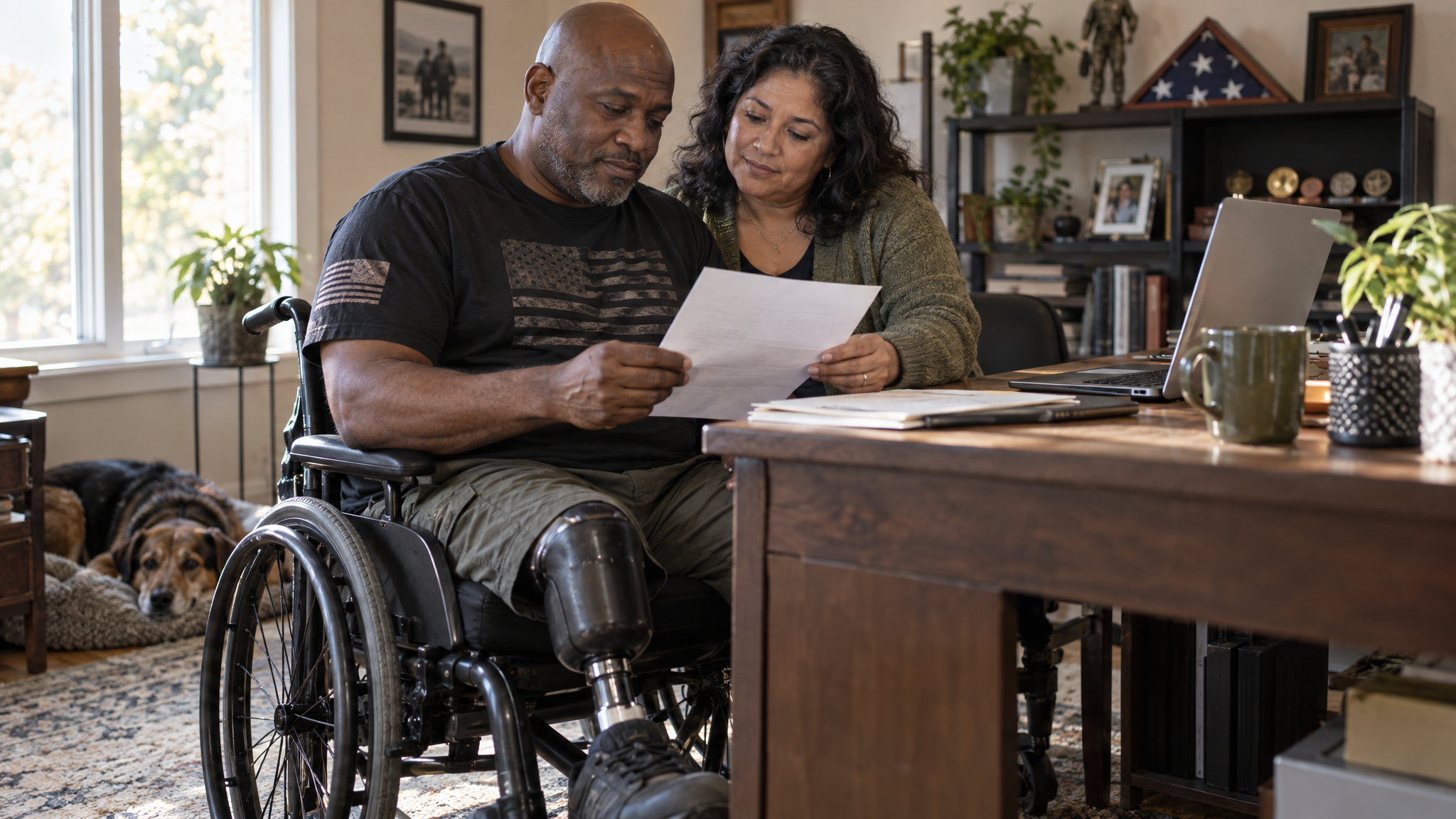 SMC levels: a veteran with a prosthetic leg in a wheelchair reviewing his VA award letter with his wife