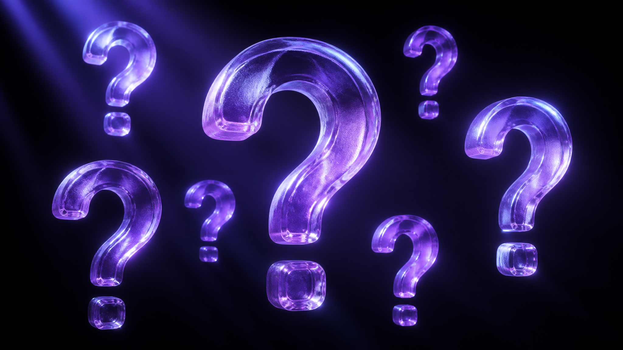 Seven glowing violet question marks of varying sizes floating in the dark against a faint grid, representing the seven questions to ask an SEO agency before hiring