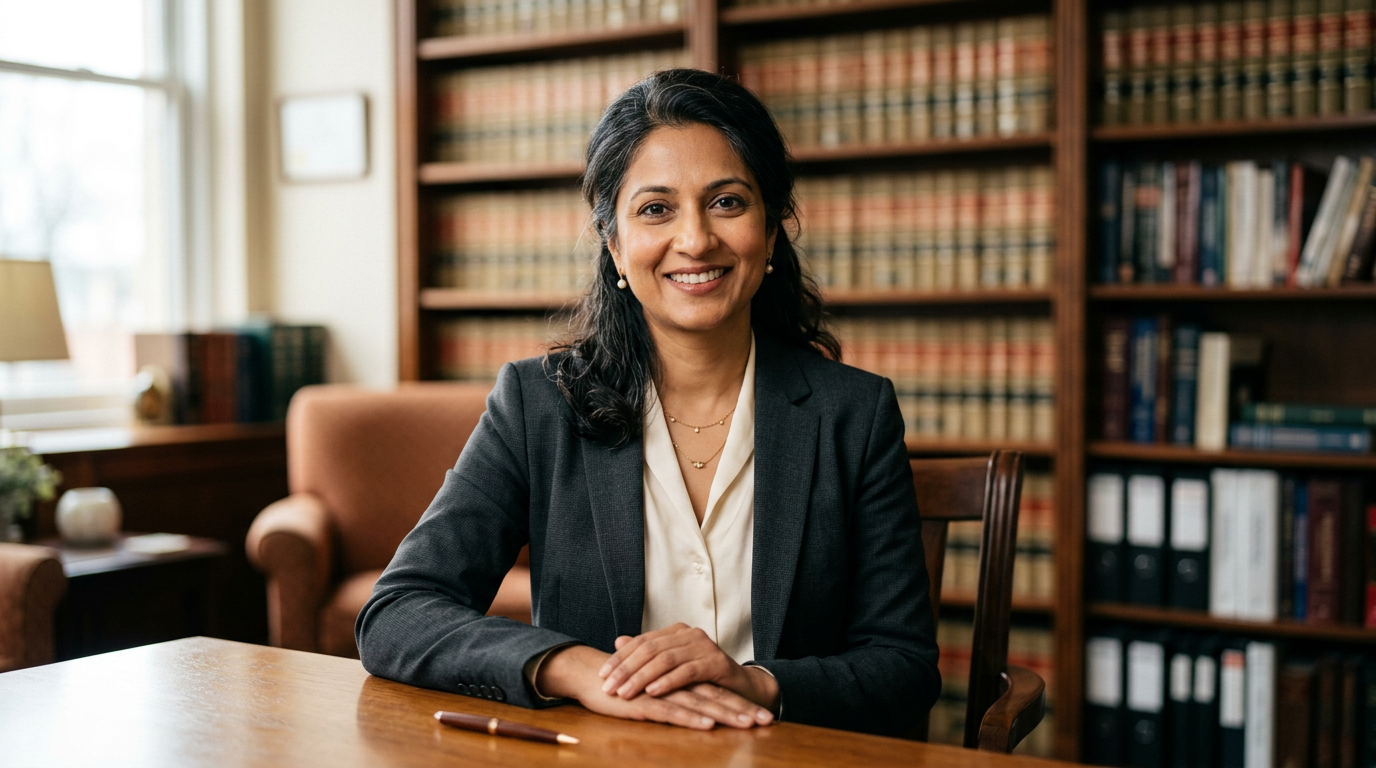 Portrait of a professional VA disability advocate seated in a law office with bookshelves behind her