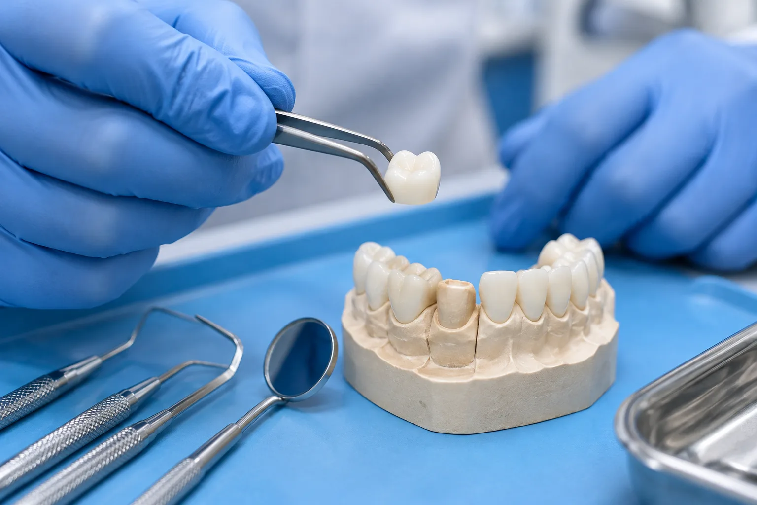 Dentist holding a dental crown with precision tools at our Fort Wayne practice