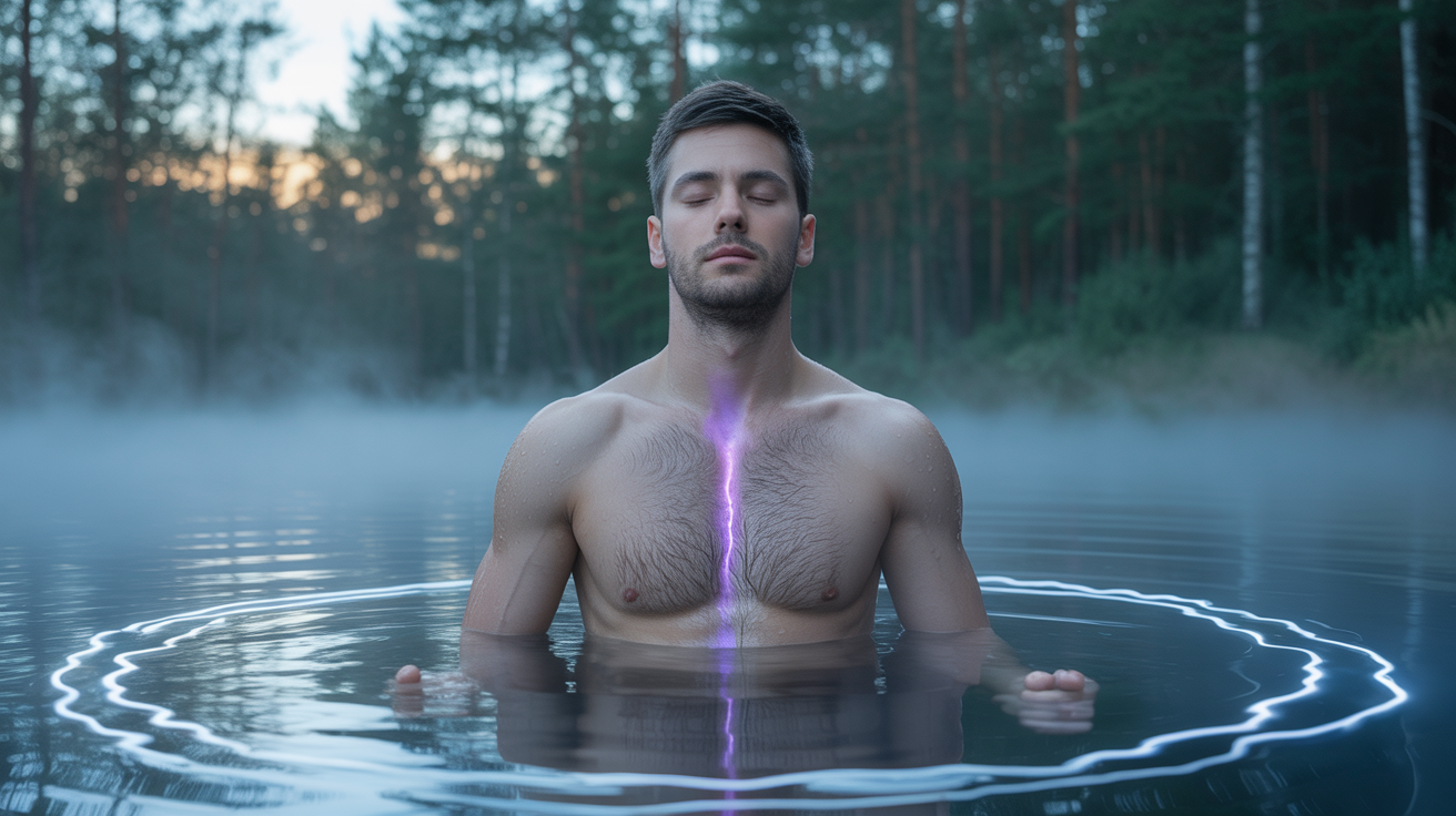 Mladi muškarac u svojim kasnim 20-im, atletskog mišićavog tela, sa kratkom tamnom kosom, potopljen do struka u spoljnu kadu za hladno kupanje okruženu šumom, para se diže iz vode, očiju zatvorenih u fokusiranom miru, dok plavo-bela hladna energija talasasto pulsira oko njegovog tela, sa suptilnim ljubičastim sjajem u osnovi lobanje — aktivacija vagusnog nerva i resetovanje energetskog sistema. Stres i energija – muškarac u meditaciji u vodi sa aktivnim energetskim centrom, simbol povratka smisla i unutrašnje ravnoteže