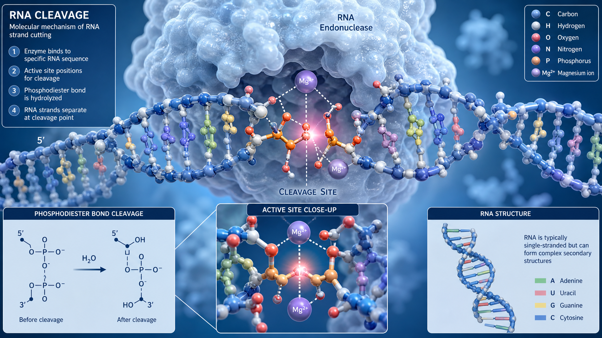 Molecular view of nucleic acid phosphodiester backbone cleavage