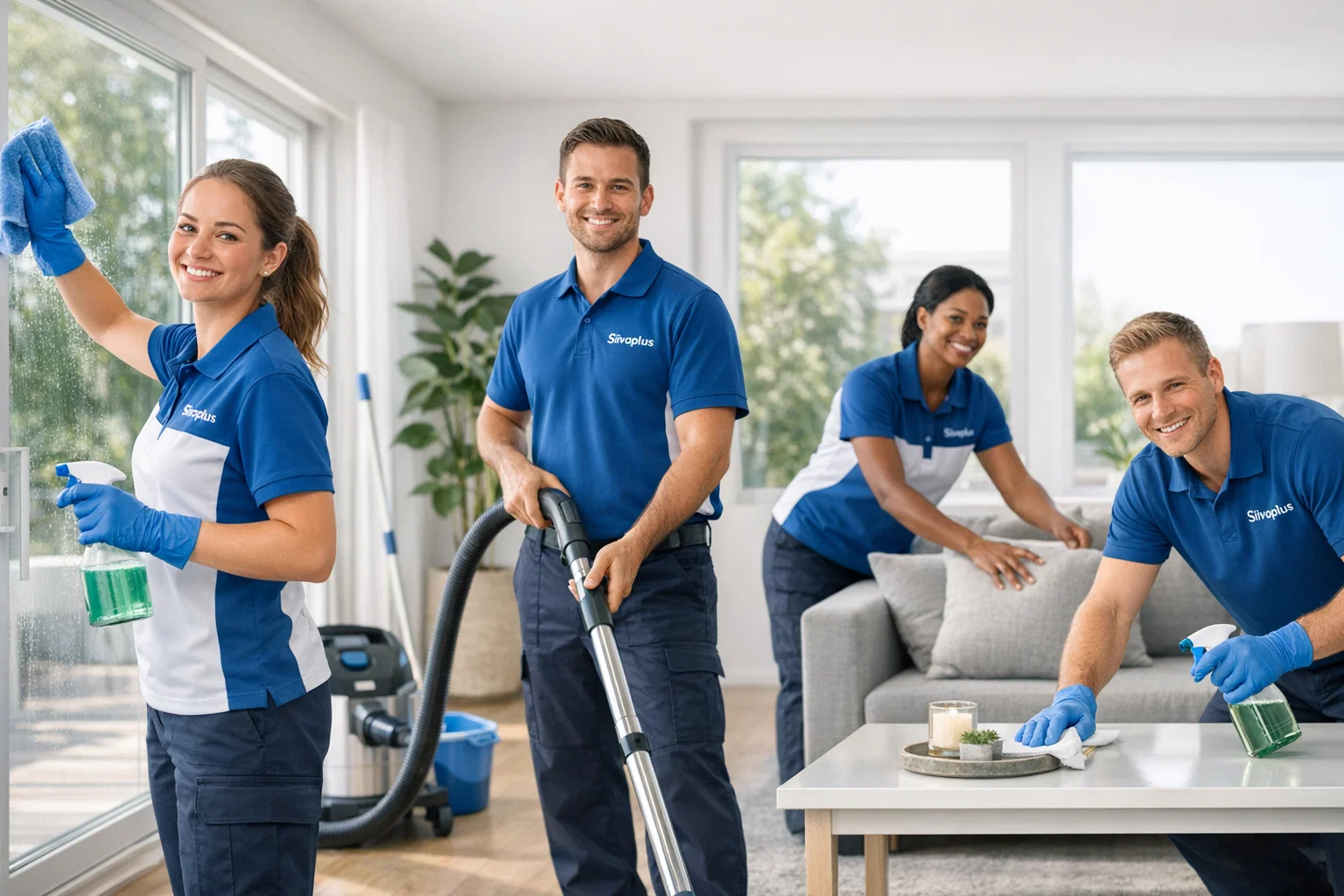 Professional cleaning team member at work