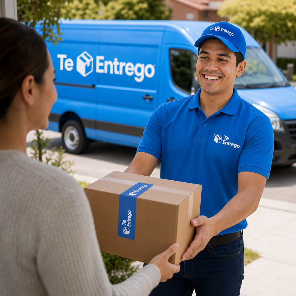 Mensajero de Te Entrego con uniforme azul entregando un paquete y camioneta Te Entrego