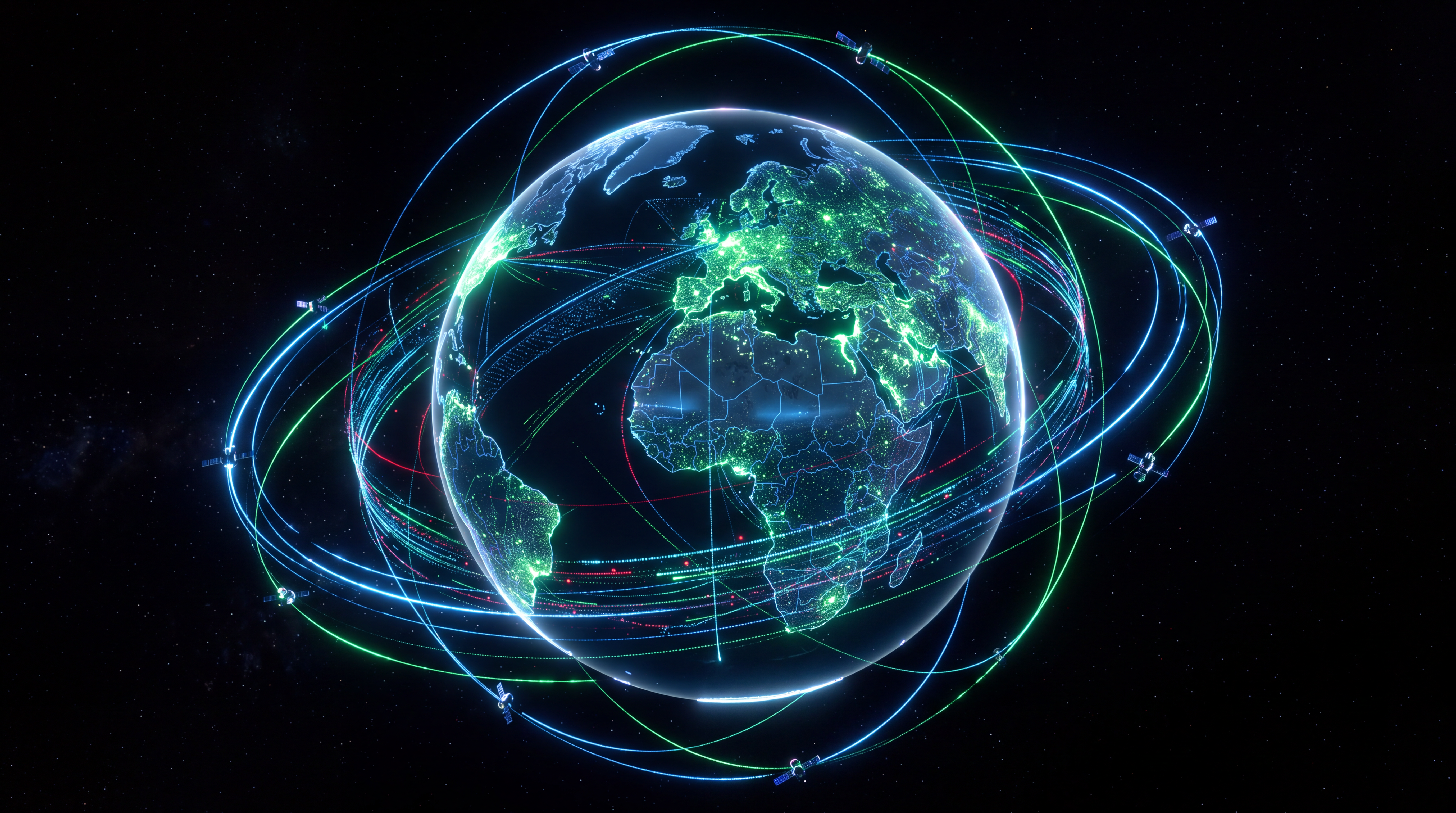 Holographic globe wrapped in signal and data streams