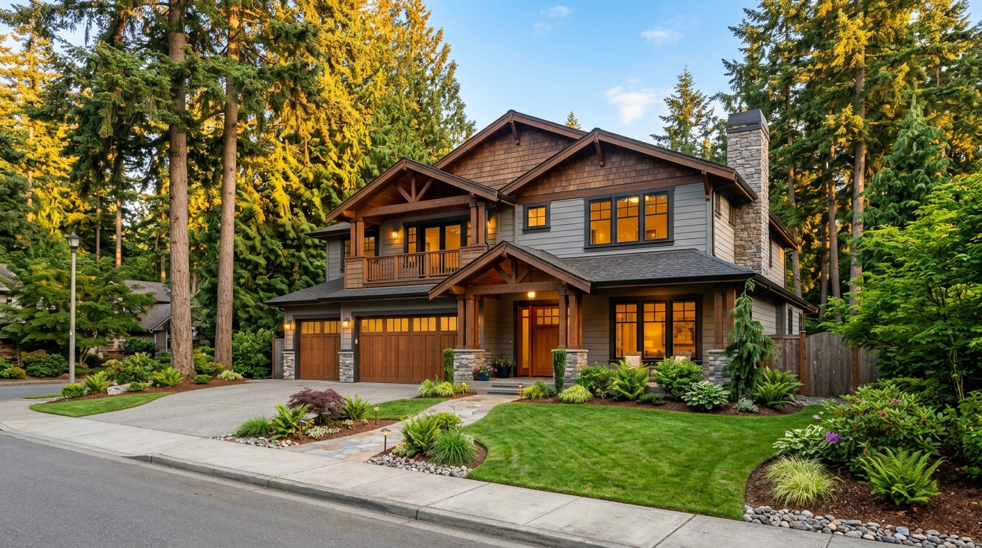 A modern craftsman home in Redmond, Washington surrounded by evergreens at golden hour — the kind of Eastside home Microsoft employees target
