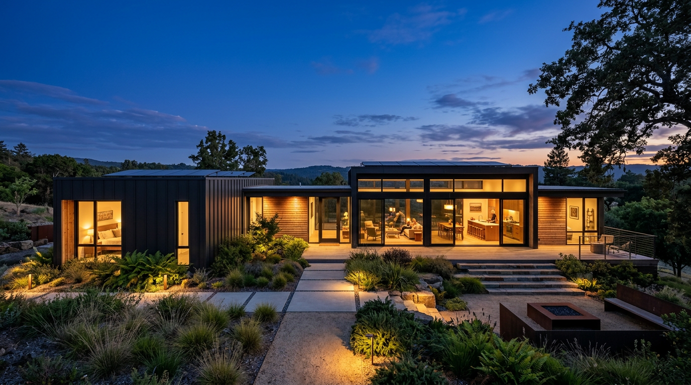 Casa modular moderna al atardecer