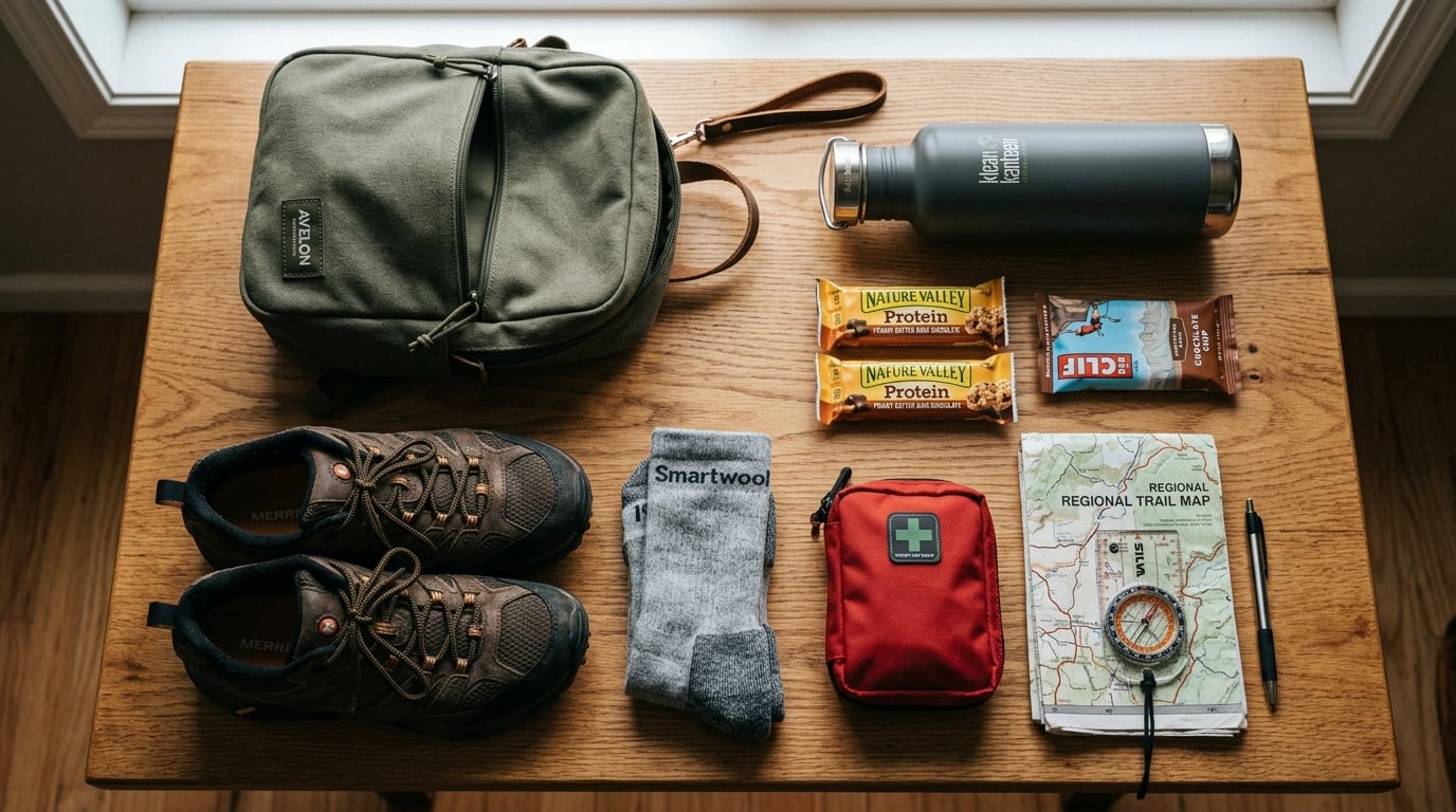 A compact get-home bag with contents laid out — water bottle, snacks, walking shoes, socks, a small first-aid pouch and a map
